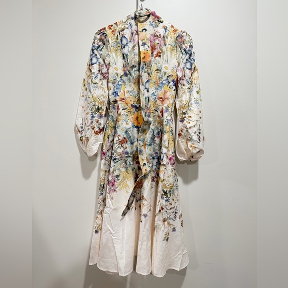 NEW Commense Belted Balloon Long Sleeve Floral Butterfly Dress Midi, XS - Picture 3 of 16